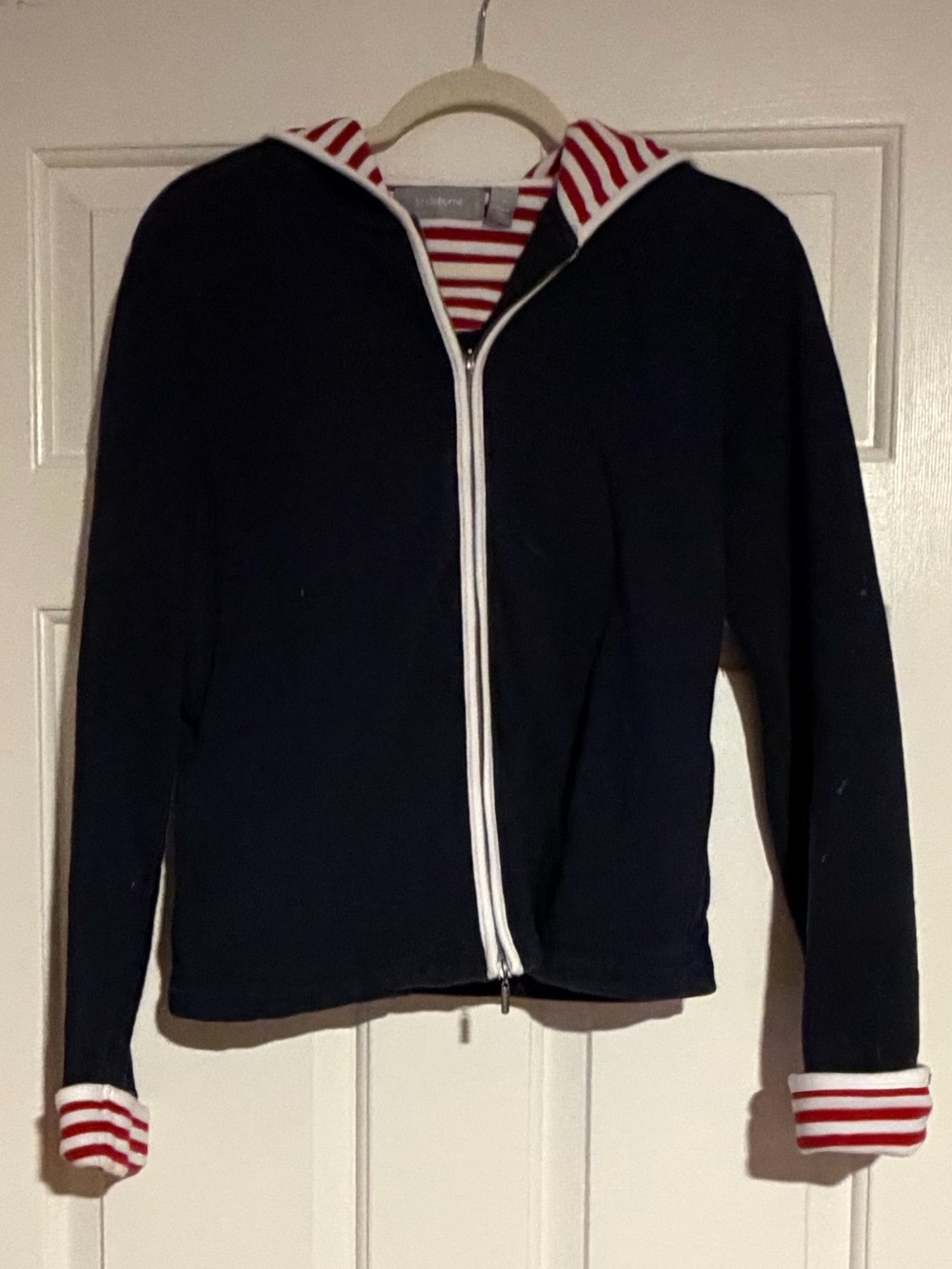 Liz Claiborne Navy Zip-Up Hoodie Sweater with Red and White Stripe Trim